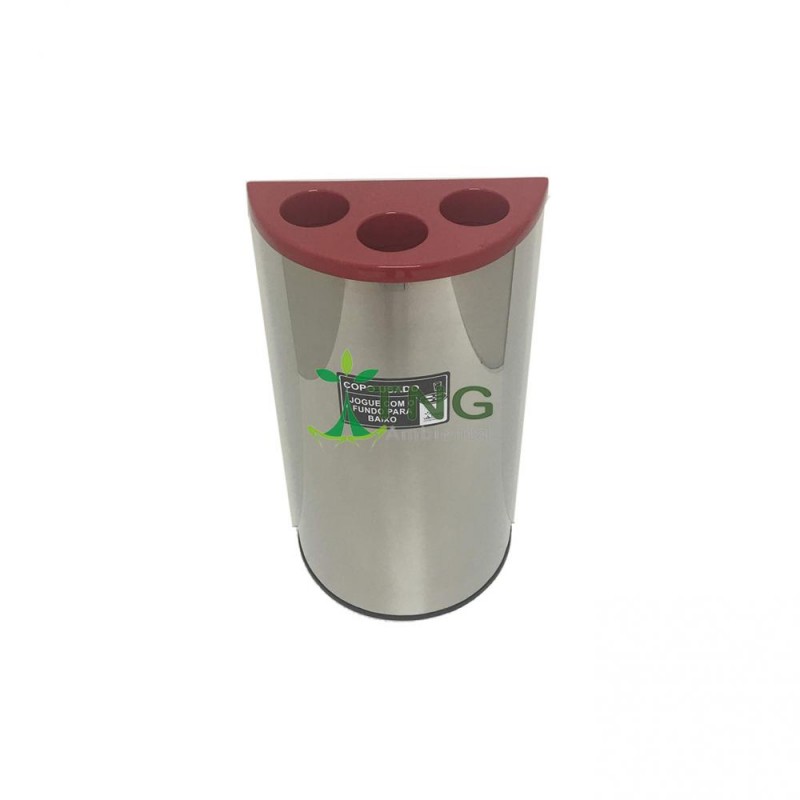 Dispenser de copos usados em formato meia-lua em aço inox e tampa em fiberglass com 03 aberturas