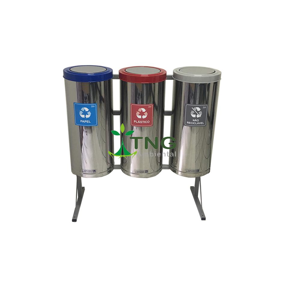 Conjunto com 03 lixeiras para coleta seletiva em aço inox 50 litros cada