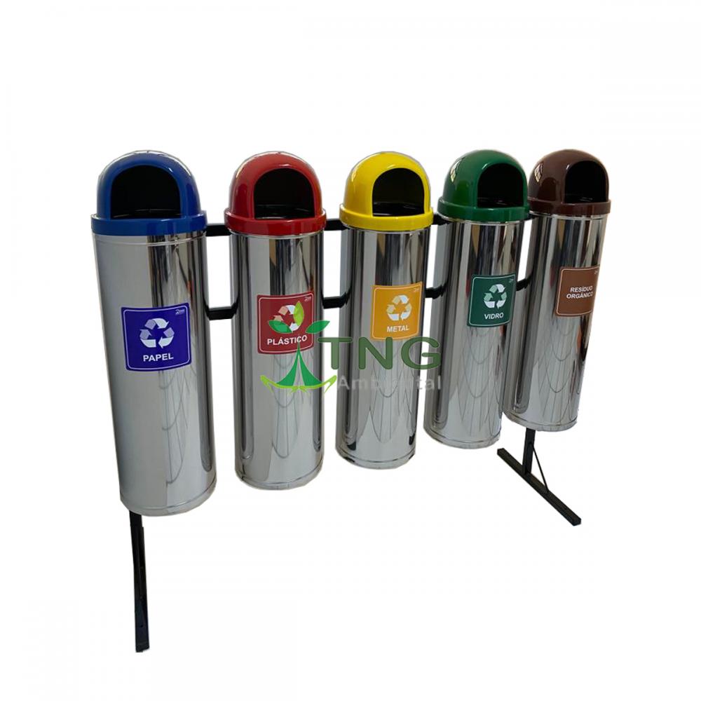 Conjunto coleta seletiva com 03 lixeiras em aço inox e tampa em fiberglass, 32 litros cada