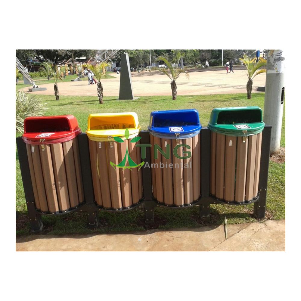 Conjunto coleta seletiva com 04 lixeiras em madeira plástica 94 litros cada