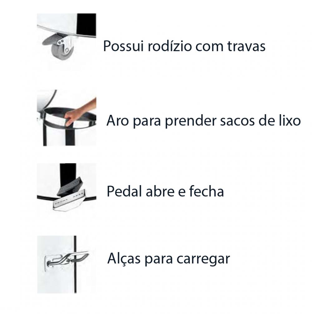 Lixeira 110 litros em aço inox com pedal, balde interno e rodízios
