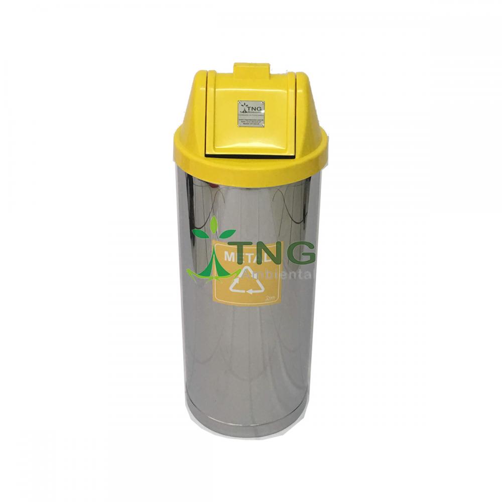 Conjunto coleta seletiva com 05 lixeiras em aço inox com tampa vai-vem em plástico, 50 litros cada